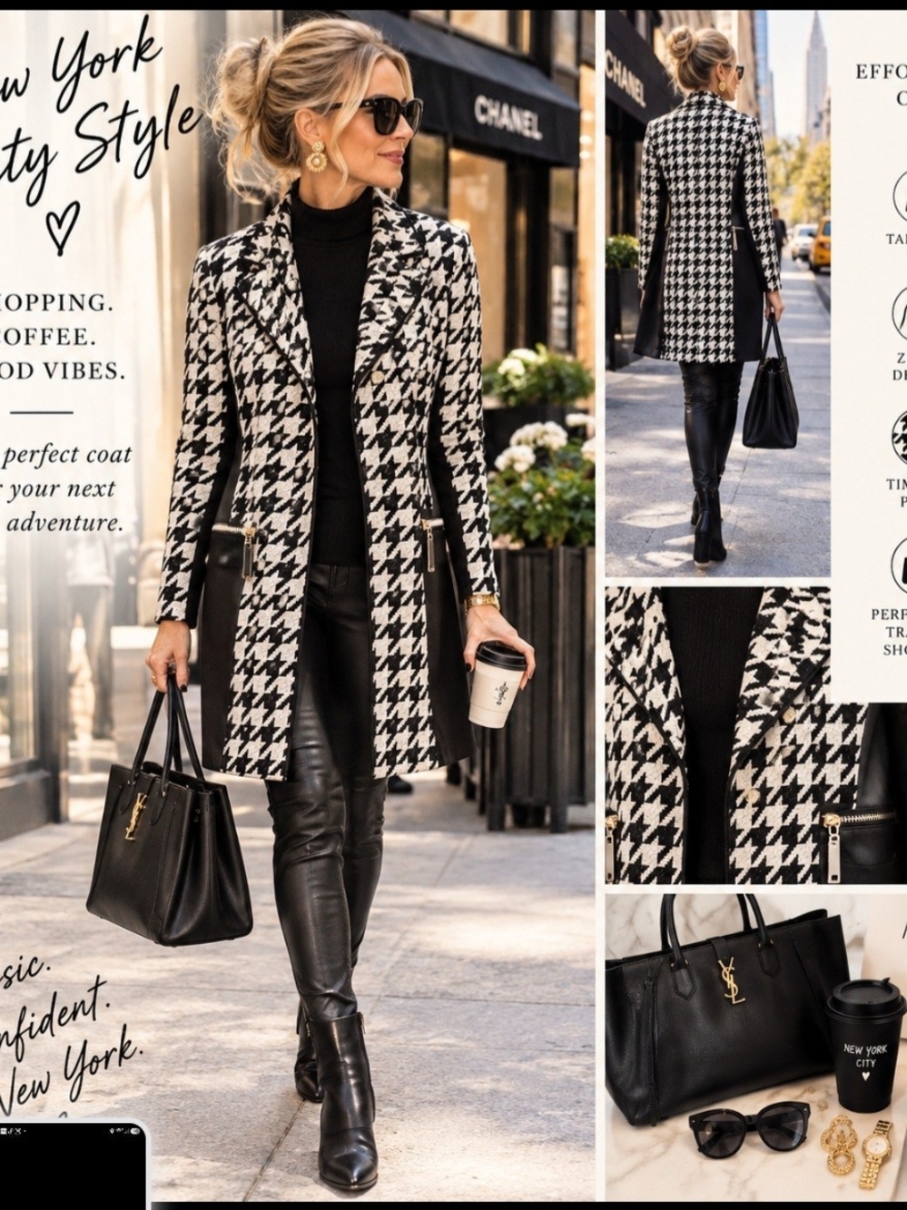 Lena Gabrielle Houndstooth Long Coat - Black & White